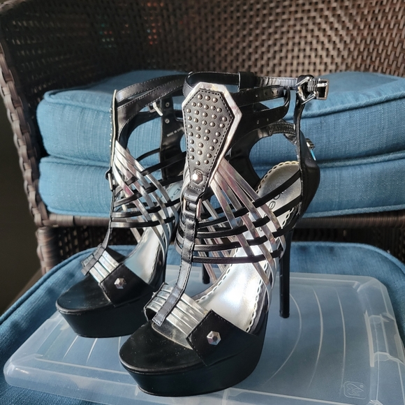 strappy black silver high heels size 6 - Picture 2 of 2